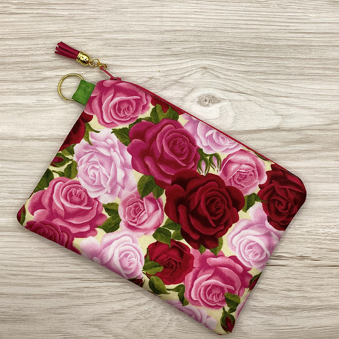 Pink & Red Roses Zip Pouch (21cm x 16cm) Fully lined, lightly padded