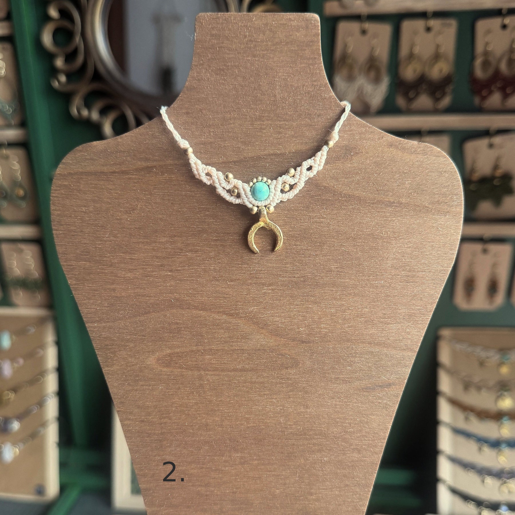 Macrame Collier with gemstone bead and brass charm - several choices