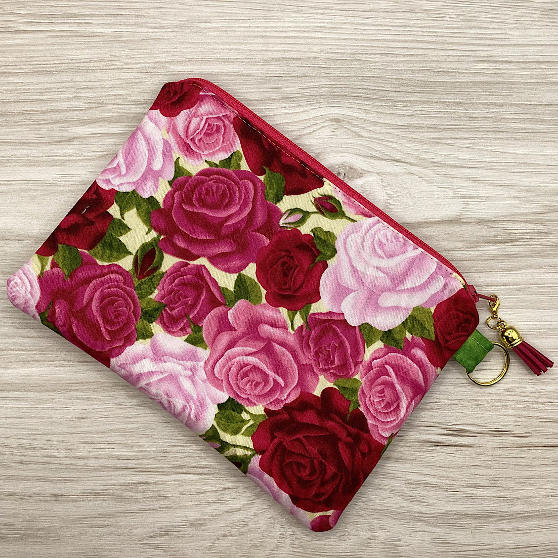 Pink & Red Roses Zip Pouch (21cm x 16cm) Fully lined, lightly padded