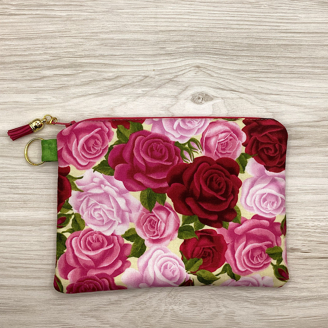 Pink & Red Roses Zip Pouch (21cm x 16cm) Fully lined, lightly padded