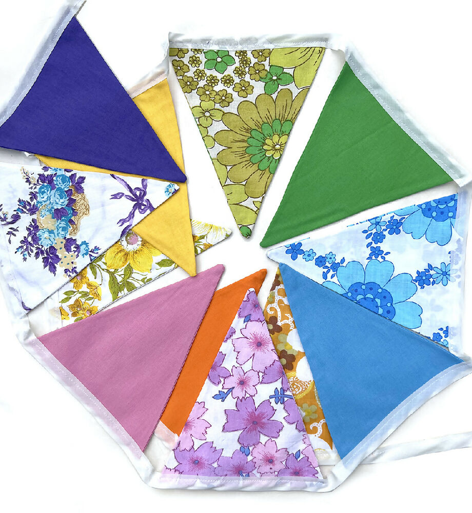 Bunting - Retro RAINBOW Multi-Colour Vintage Floral & Plain Fabric Flags . HANDMADE