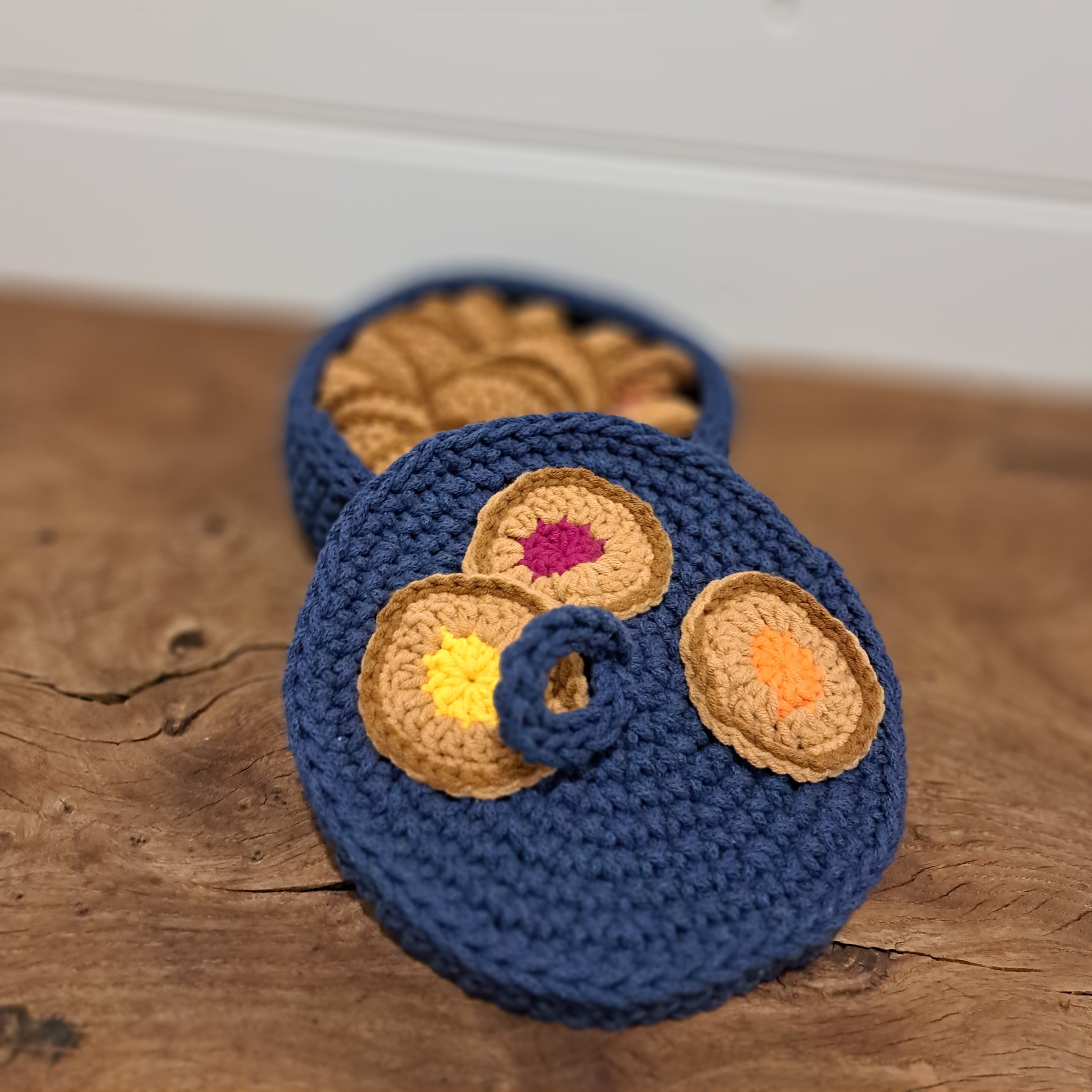 Crochet toy, cookie memory game, stored in a cookie bowl.