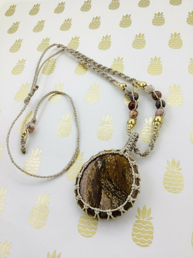 Handmade Macrame Picture Jasper pendant necklace with Natural Coral Fossil