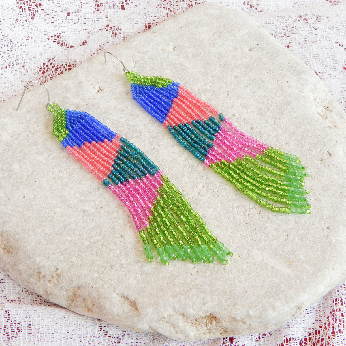 Pink & Green Beaded Fringe Earrings
