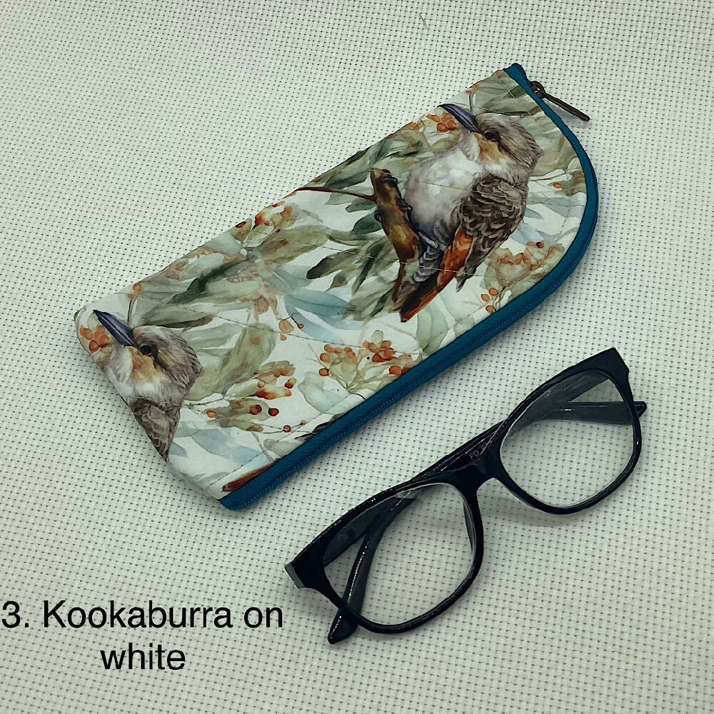 Australian Kookaburras curved top zip pouch for glasses, phones, handbag organiser, etc.