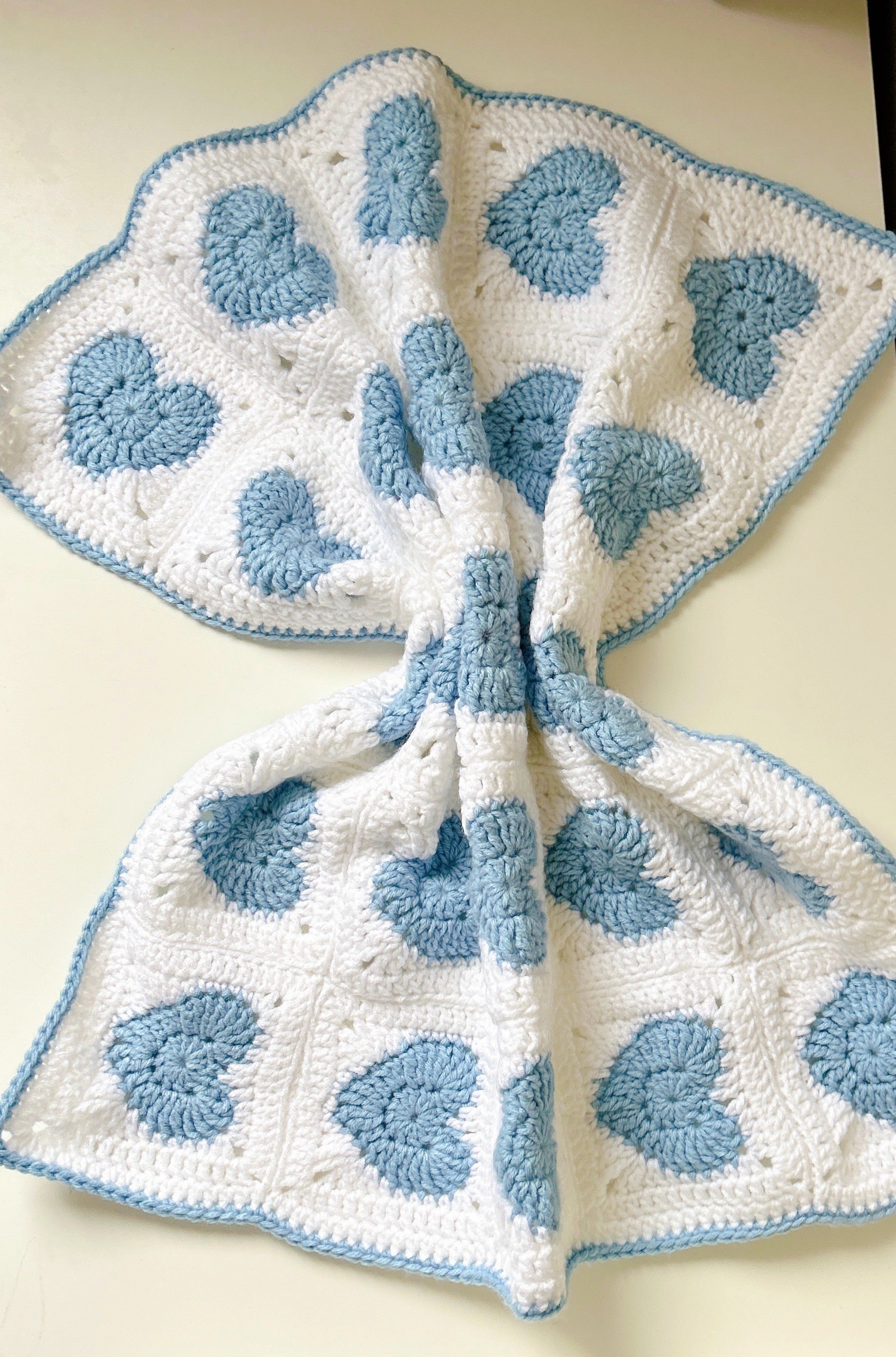 Blue and White Heart Crochet Baby Blanket Made to Order Handmade Baby Shower Gift Newborn Keepsake Blanket