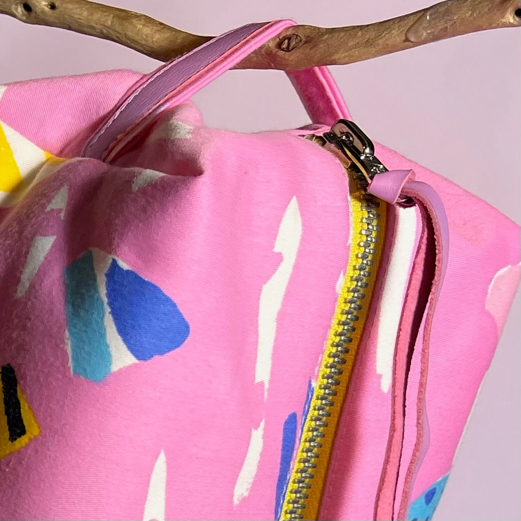 Pink, repurposed vintage fabric box pouch :: zip, fully lined, leather accents