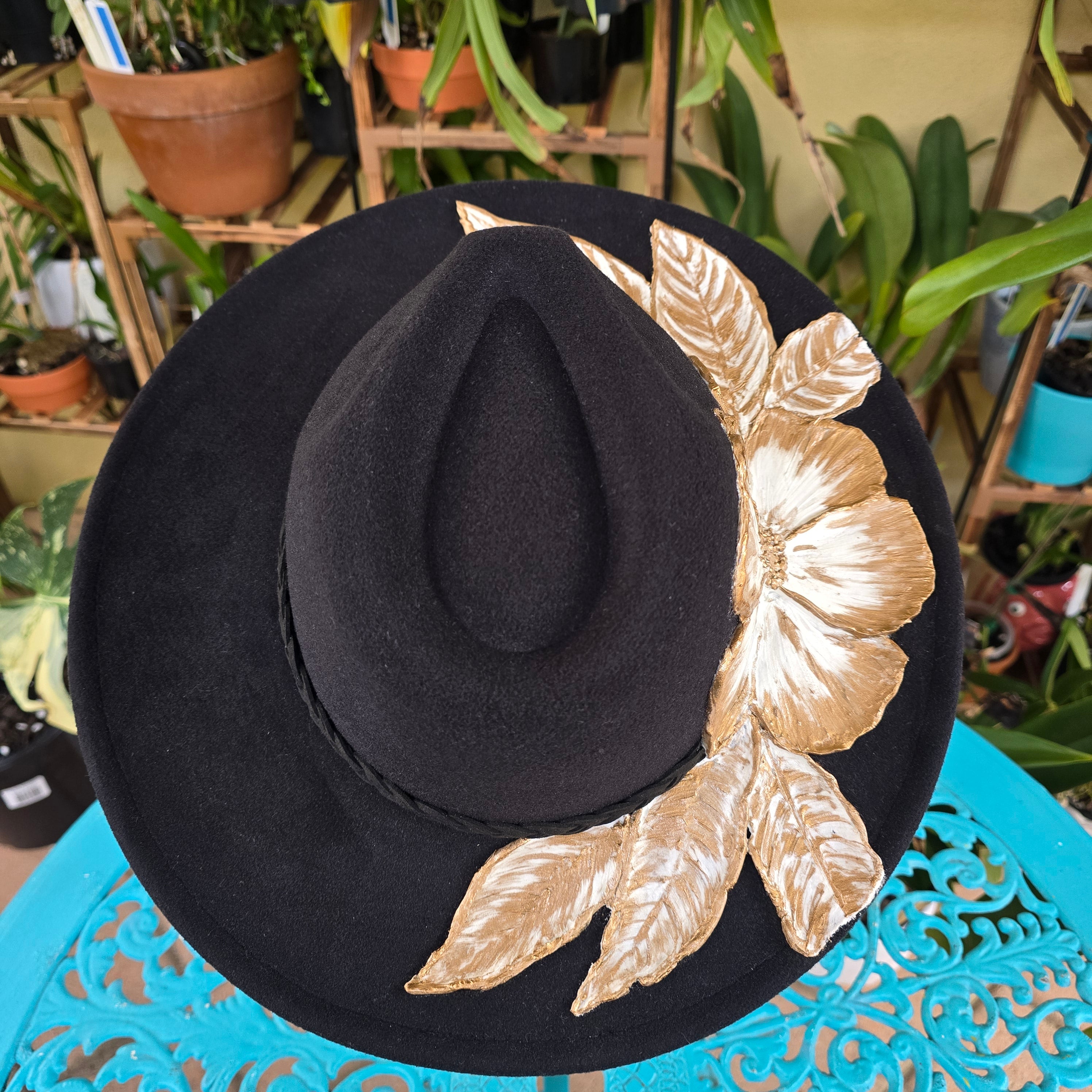 Textured fedora hat with bold floral design