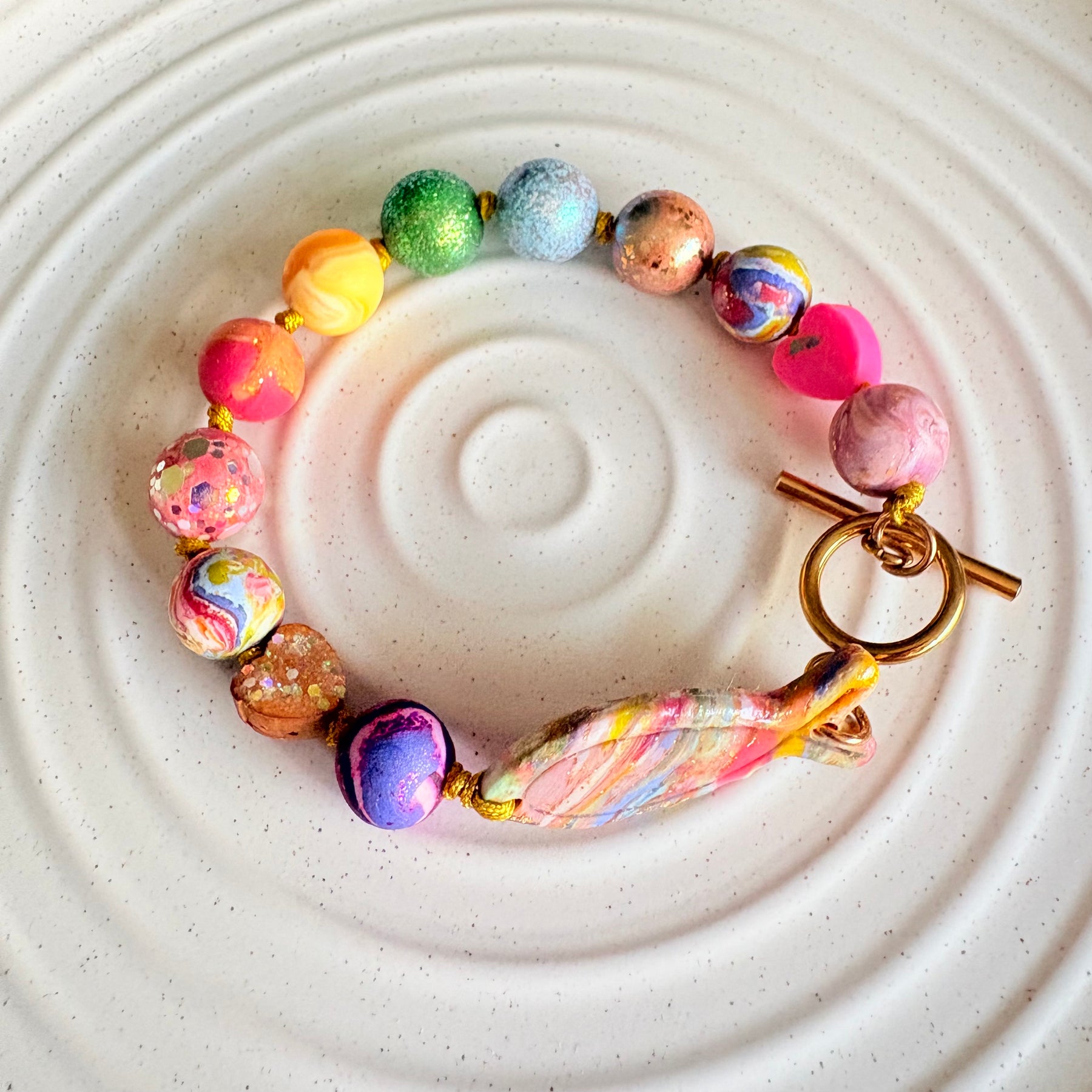 Colourful Hand-Rolled Bead Bracelet with Christian Fish Charm