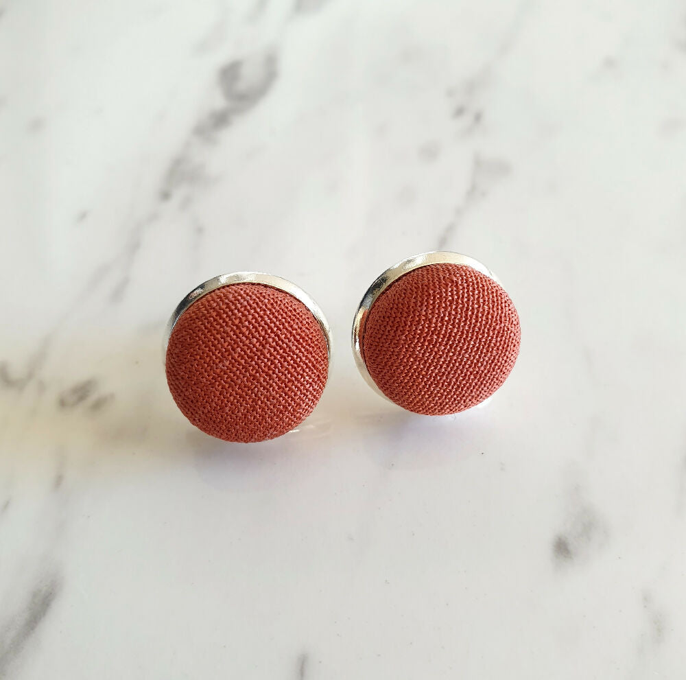 1.4cm Round Brown Kimono Fabric Cabochon stud earrings