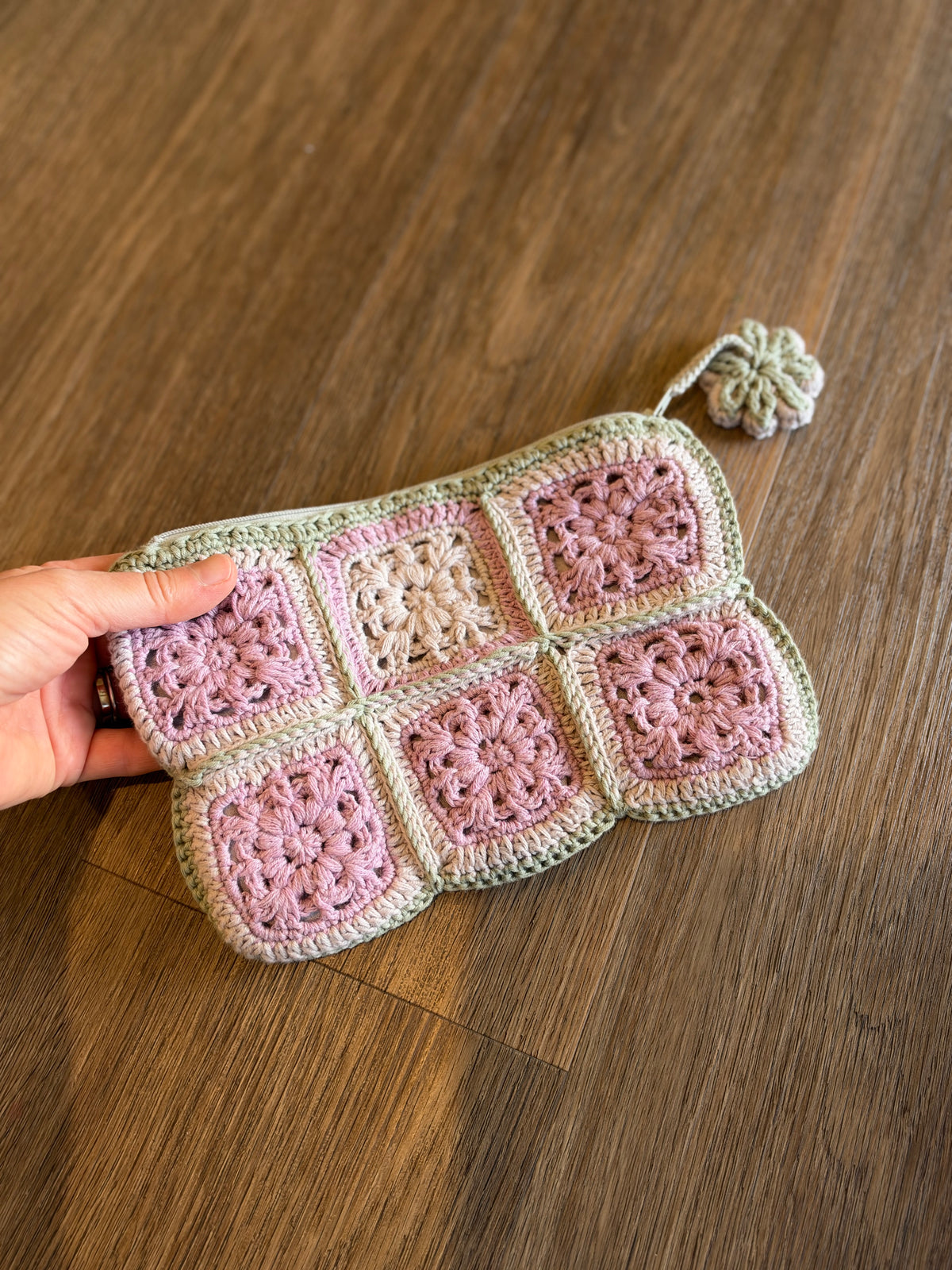 Pastel Pink & Sage Crochet Pouch – Handmade Granny Square Makeup Bag
