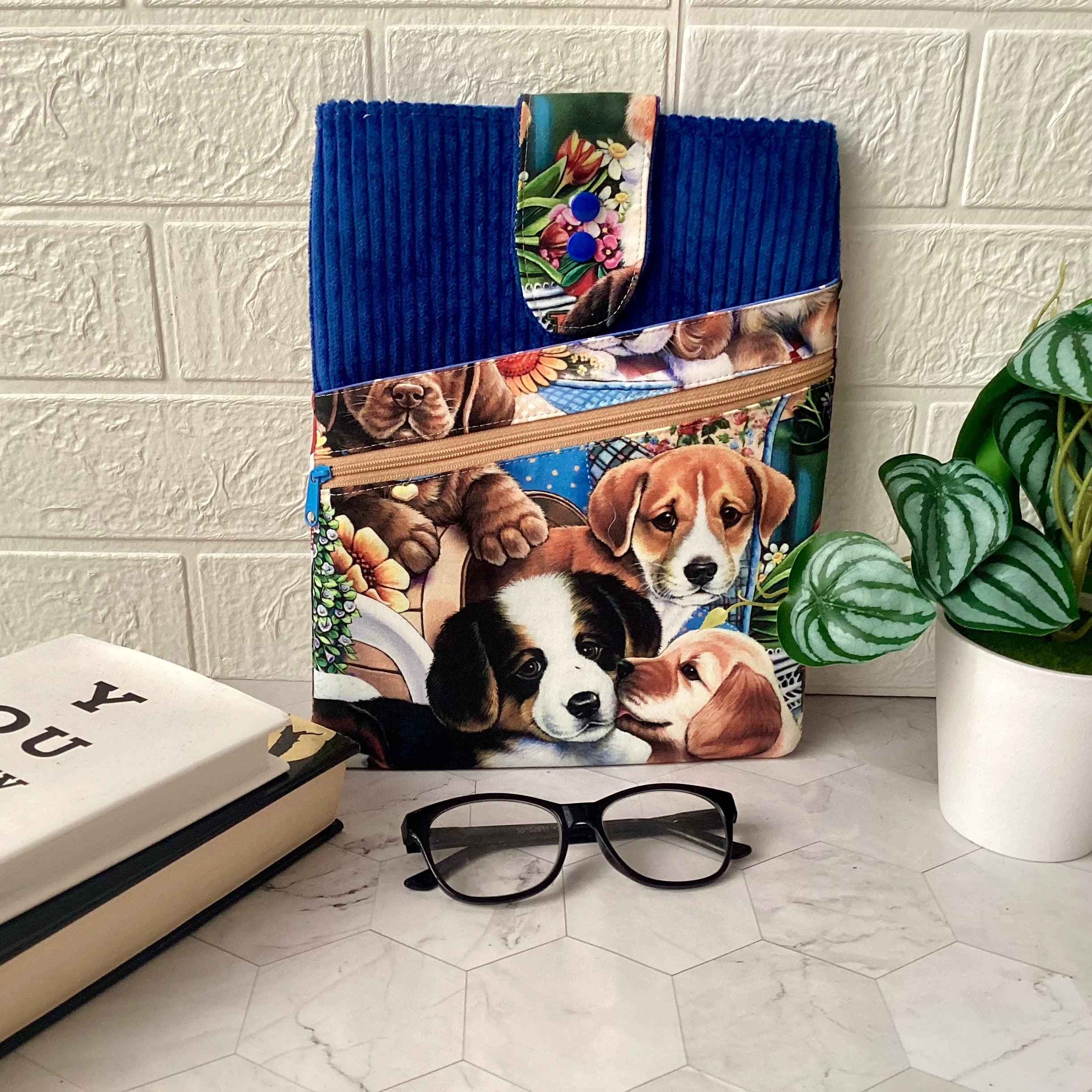 Puppy dogs fabric book sleeve with 2 pockets. iPad, tablet pouch