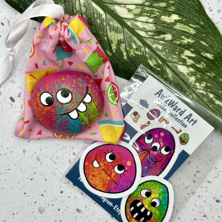 Pocket monster set- Hand painted rock pocket monster, fabric bag and set of 3 vinyl monster stickers