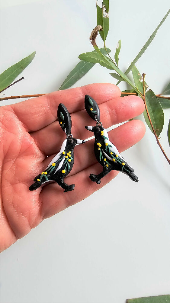 Australian Magpies with Wattle Blooms.Stud Dangle Earrings.