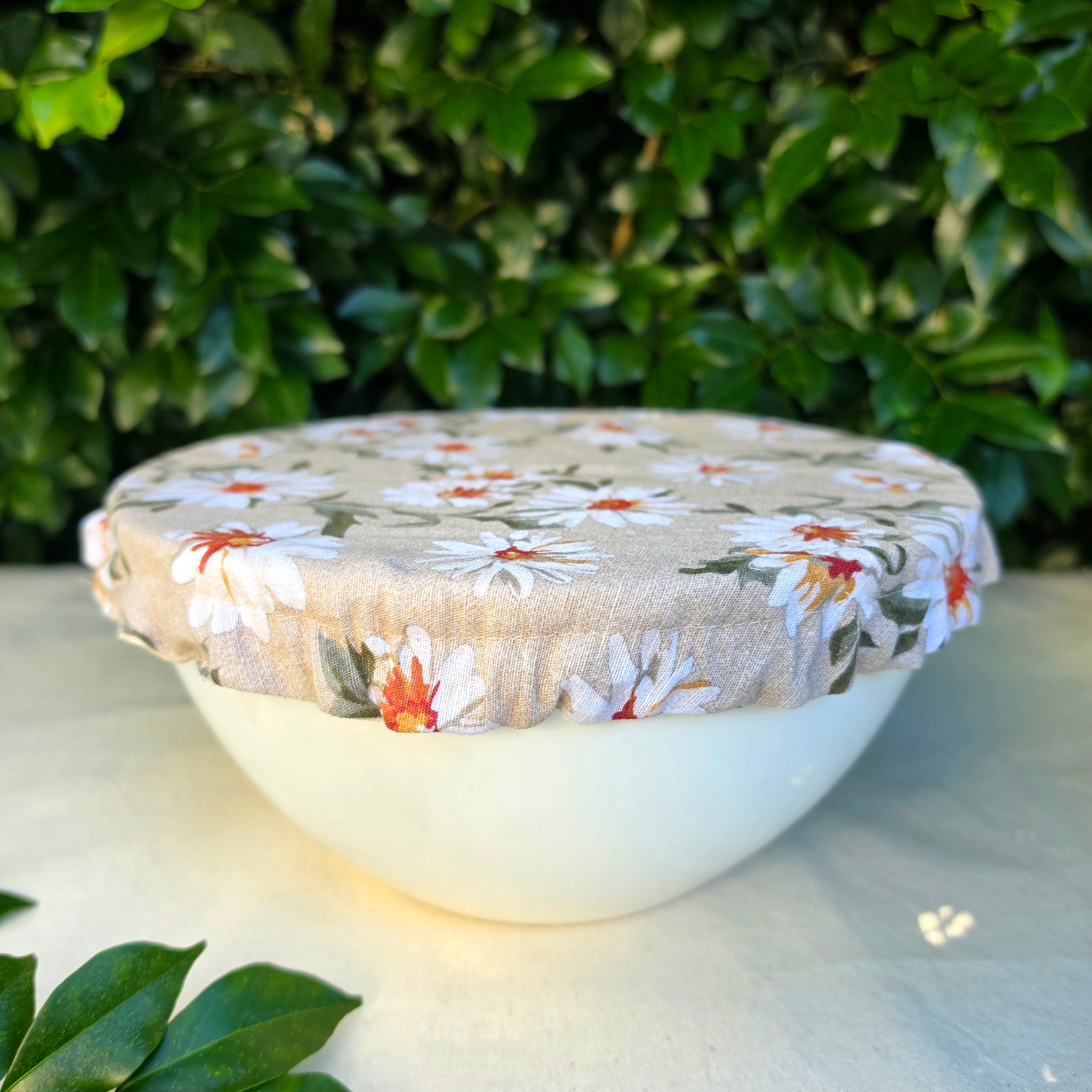 Reusable Linen & Cotton Bowl Cover Beige with Flowers
