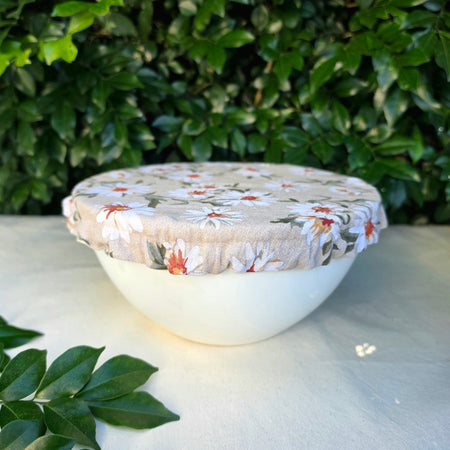 Reusable Linen & Cotton Bowl Cover Beige with Flowers