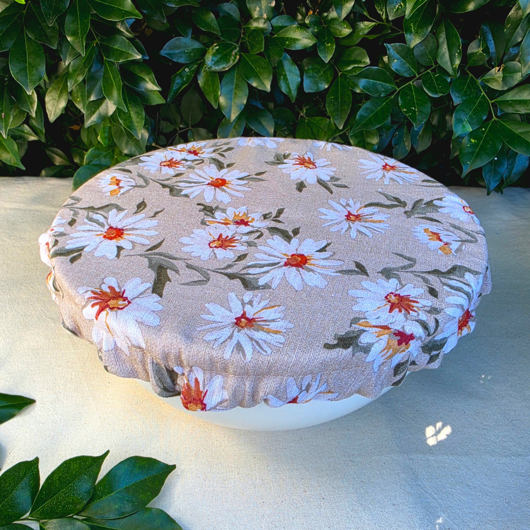 Reusable Linen & Cotton Bowl Cover Beige with Flowers