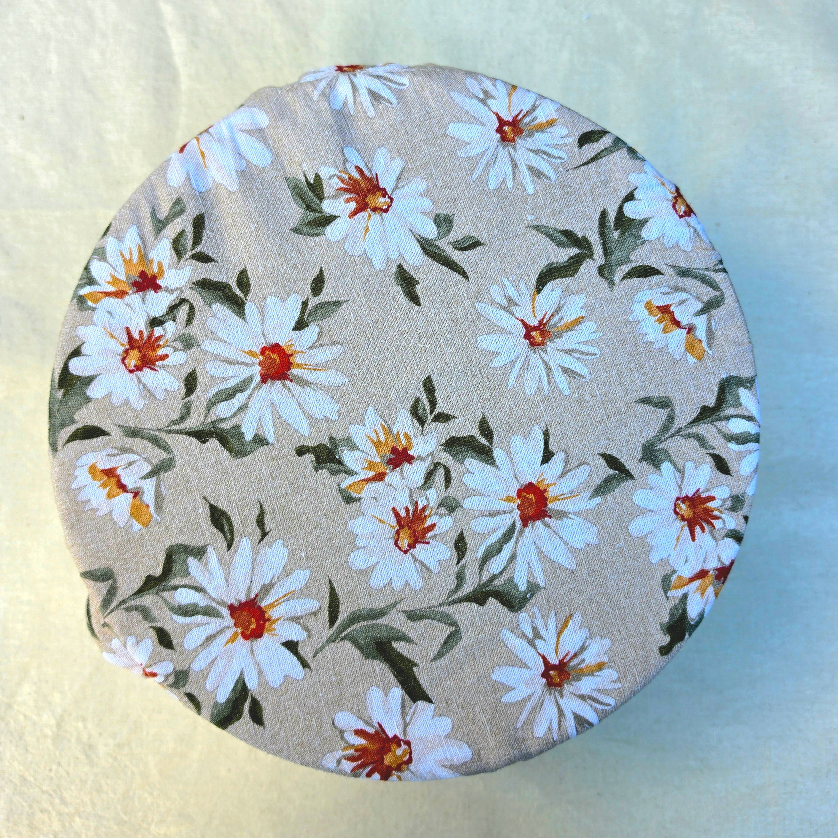 Reusable Linen & Cotton Bowl Cover Beige with Flowers