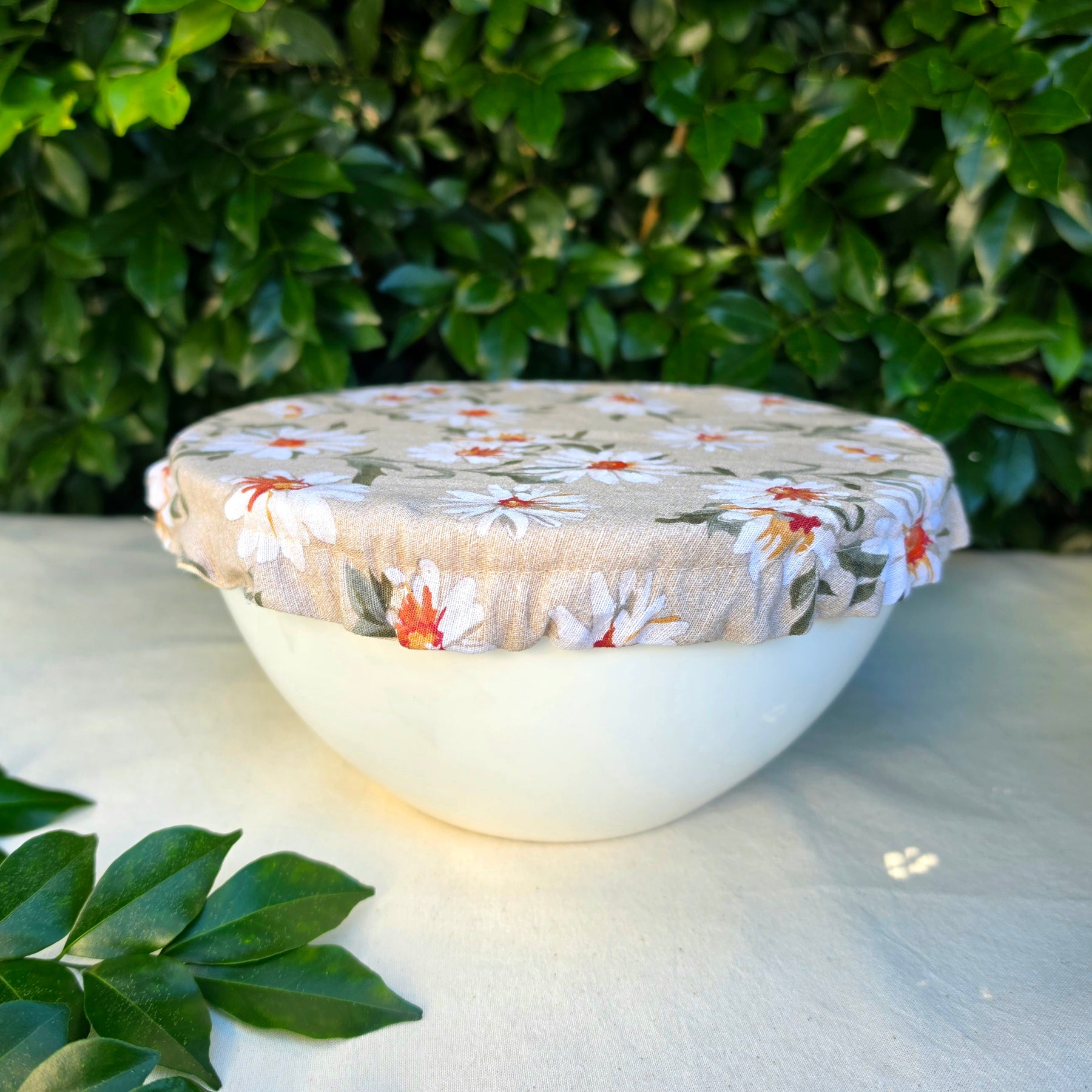 Reusable Linen & Cotton Bowl Cover Beige with Flowers