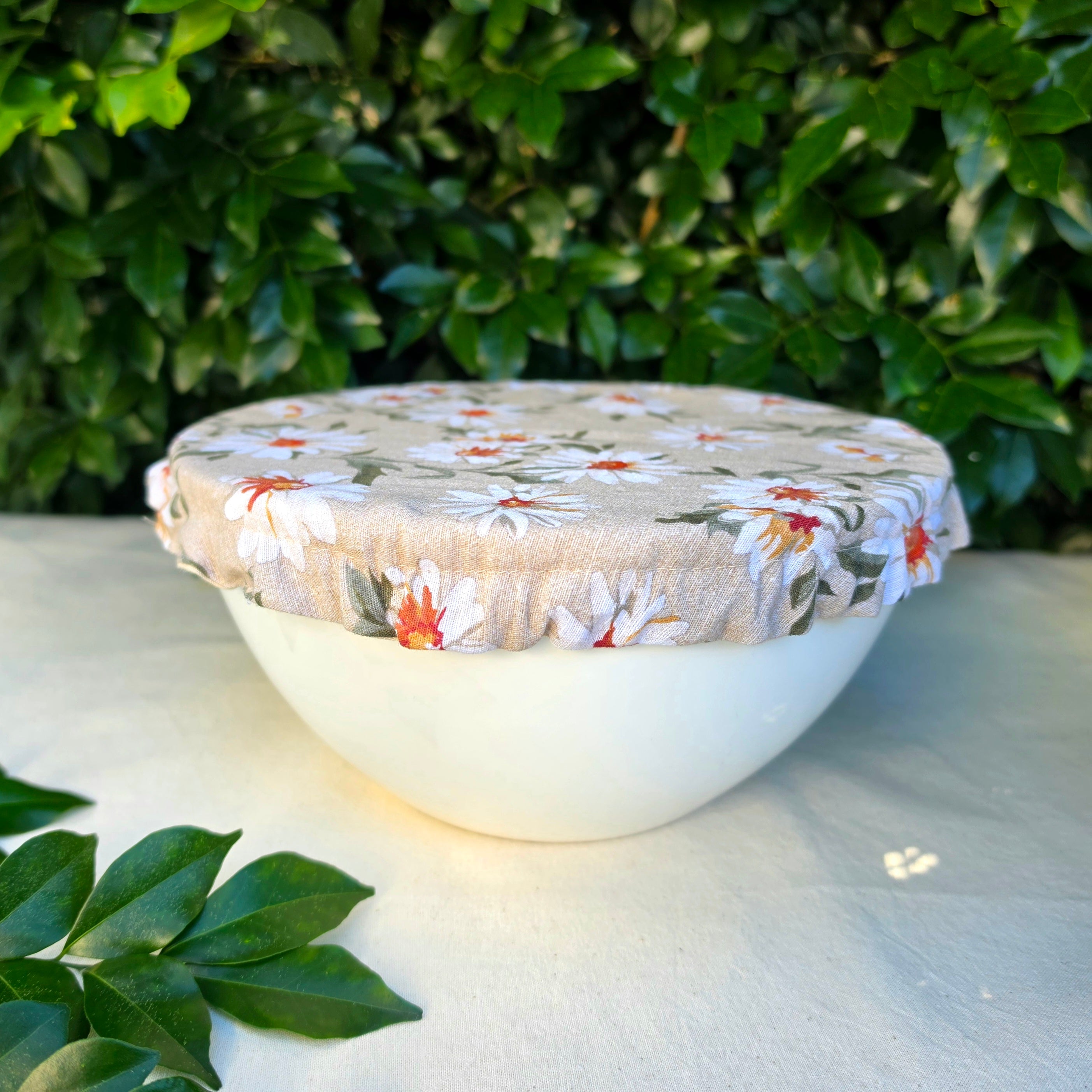 Reusable Linen & Cotton Bowl Cover Beige with Flowers