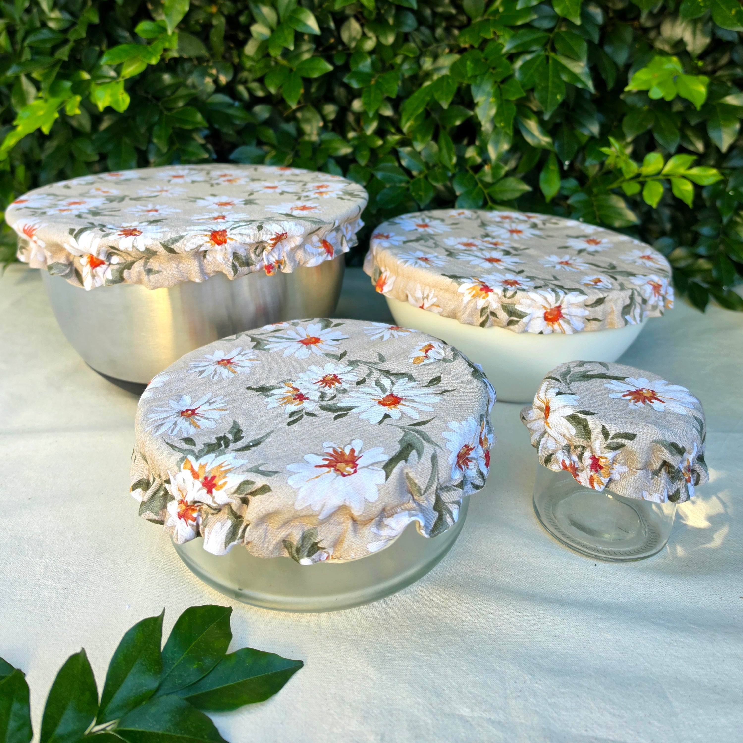Reusable Linen & Cotton Bowl Cover Beige with Flowers