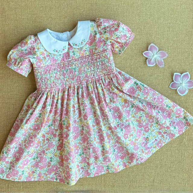 Pink Floral Smocked Dress with Hand Embroidery