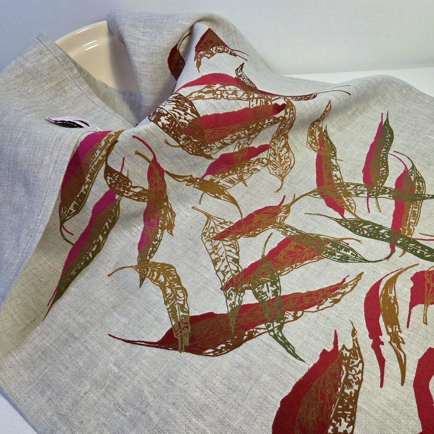 Hand Screen Printed Linen Tea Towels-Eucalypt Fallen Leaves