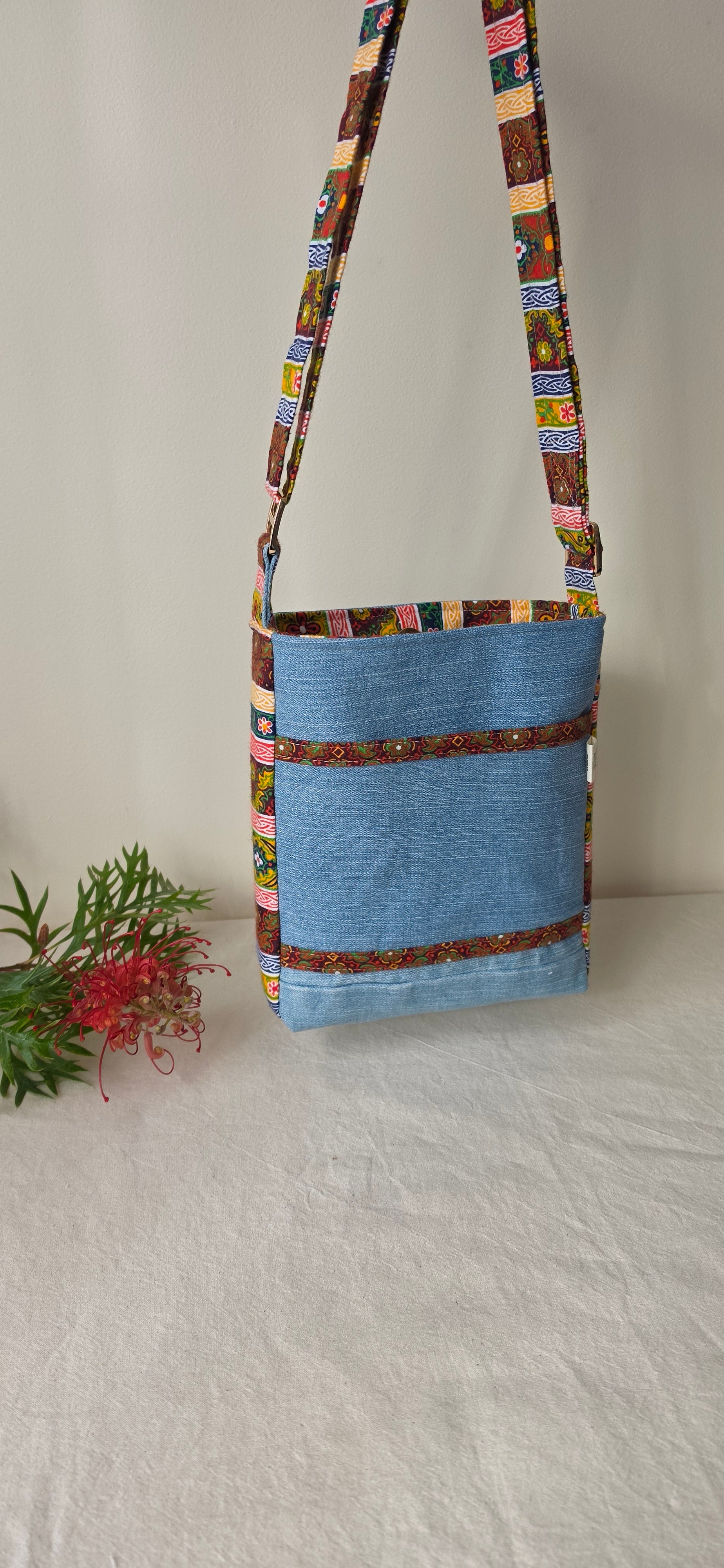 Upcycled Crossbody Denim Jeans bag made with 100% Pre-loved fabrics