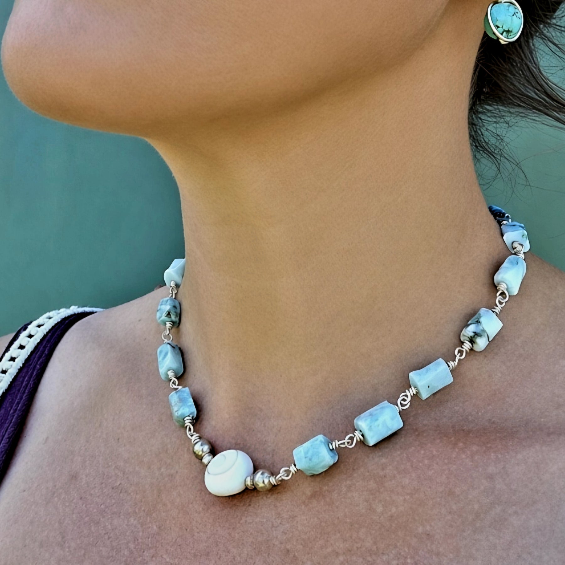 Handcrafted Larimar, Thai Silver and catseye Gemstone Necklace