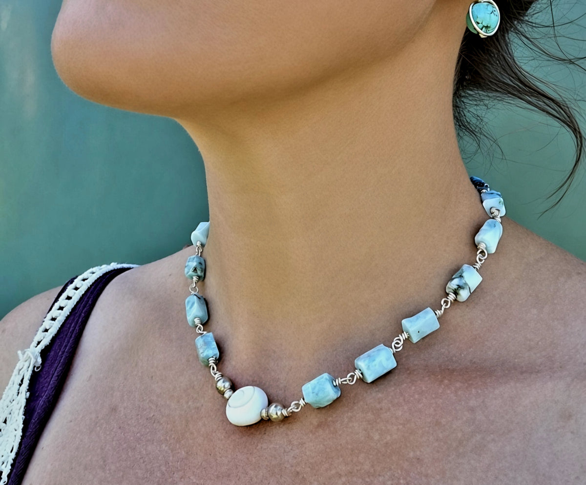 Handcrafted Larimar, Thai Silver and catseye Gemstone Necklace