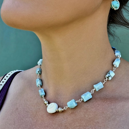 Handcrafted Larimar, Thai Silver and catseye Gemstone Necklace
