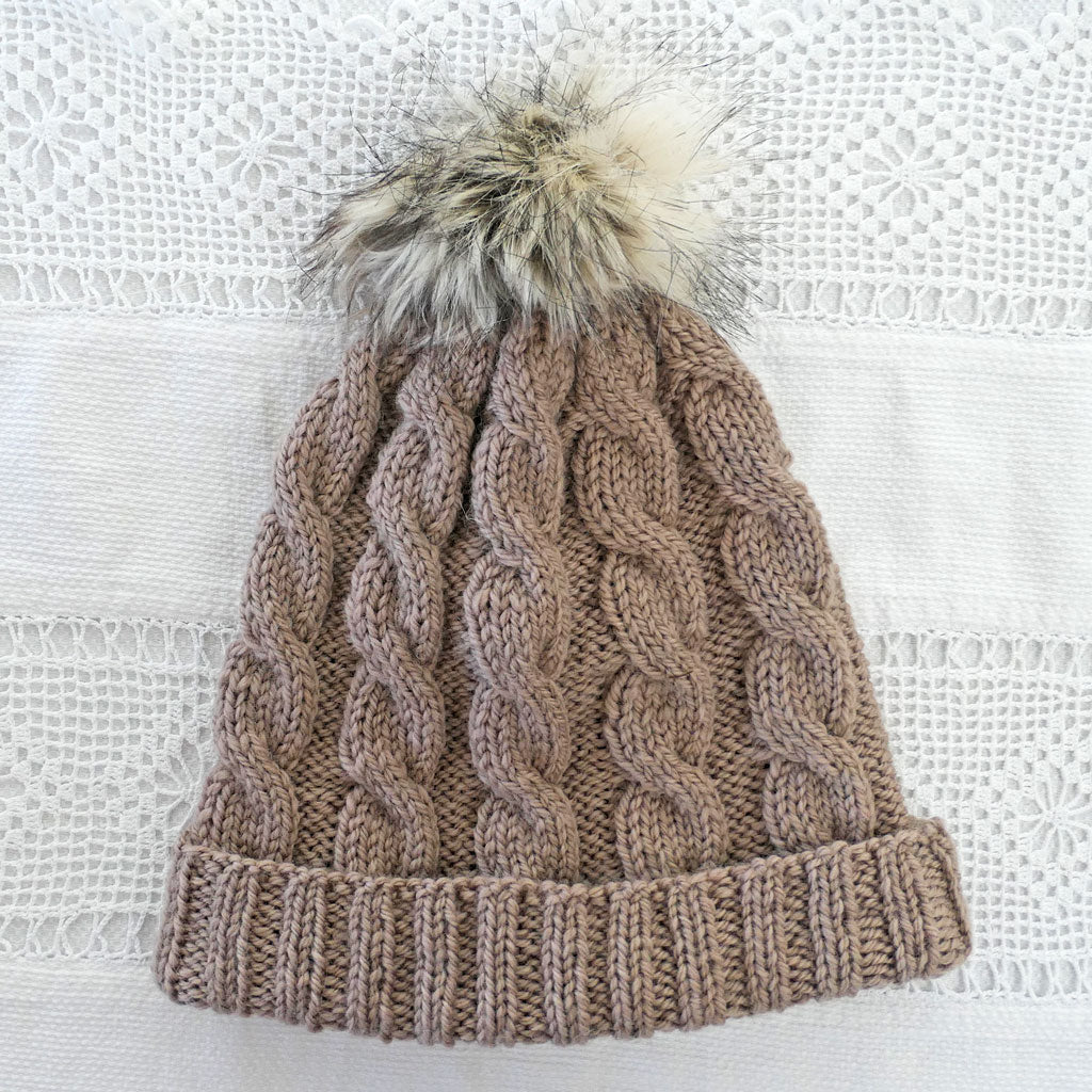 Beanie: Adult, handmade, woollen.  Cabled design. Fawn, light brown, Unisex