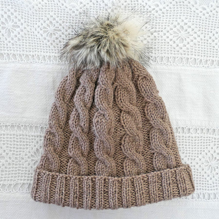 Beanie: Adult, handmade, woollen.  Cabled design. Fawn, light brown, Unisex