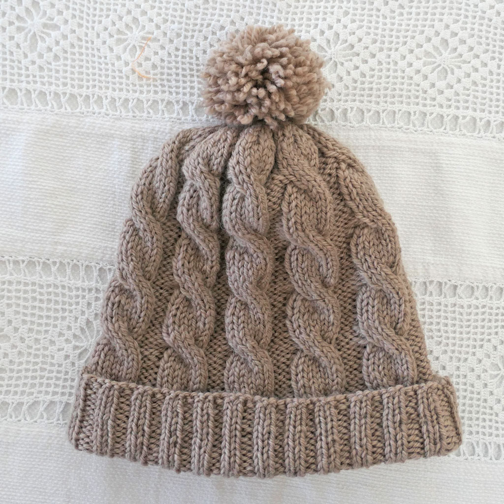 Beanie: Adult, handmade, woollen.  Cabled design. Fawn, light brown, Unisex
