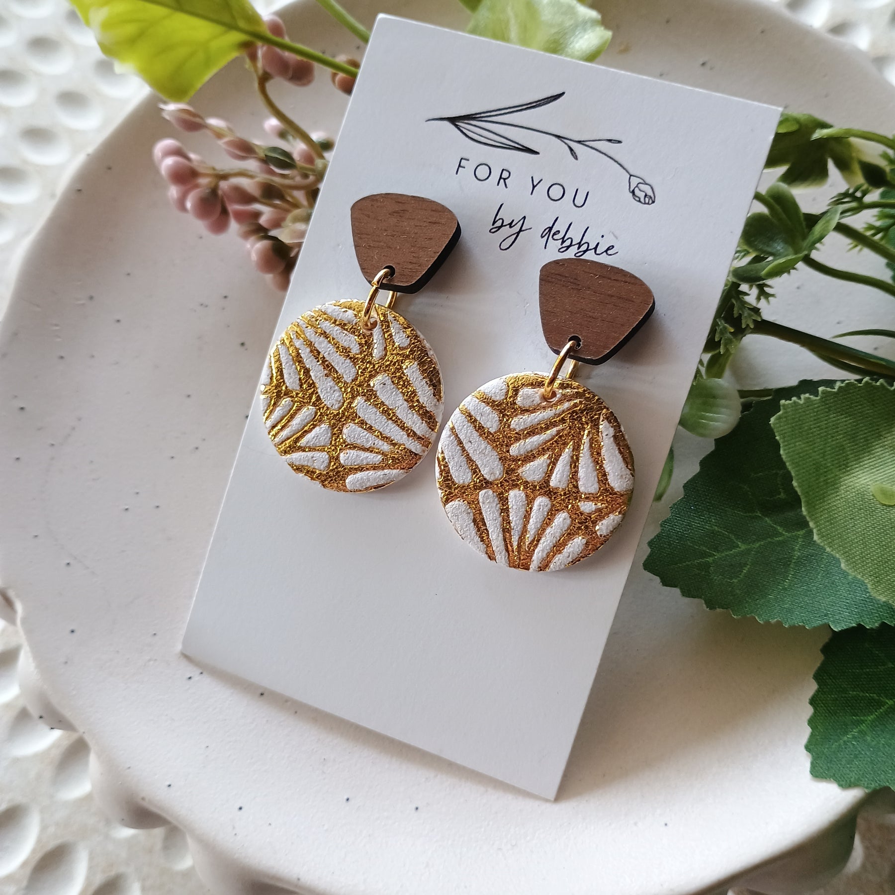 Gold stencilled foil earrings with natural wood stud