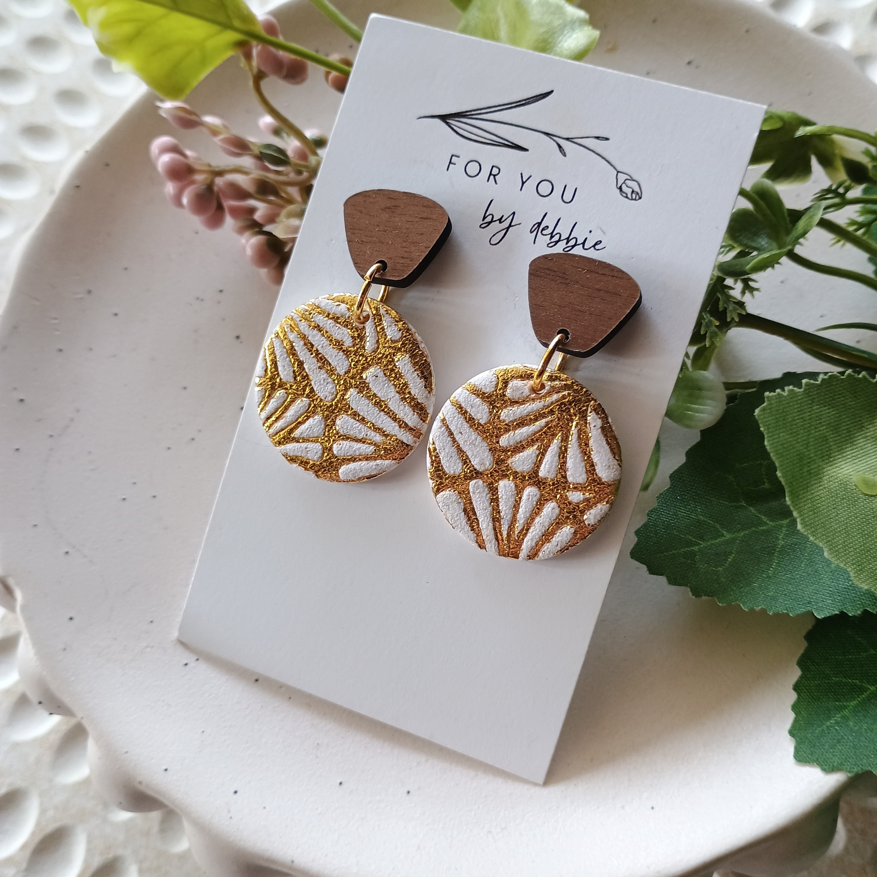 Bree polymer clay earring- gold foil, white and wood stud