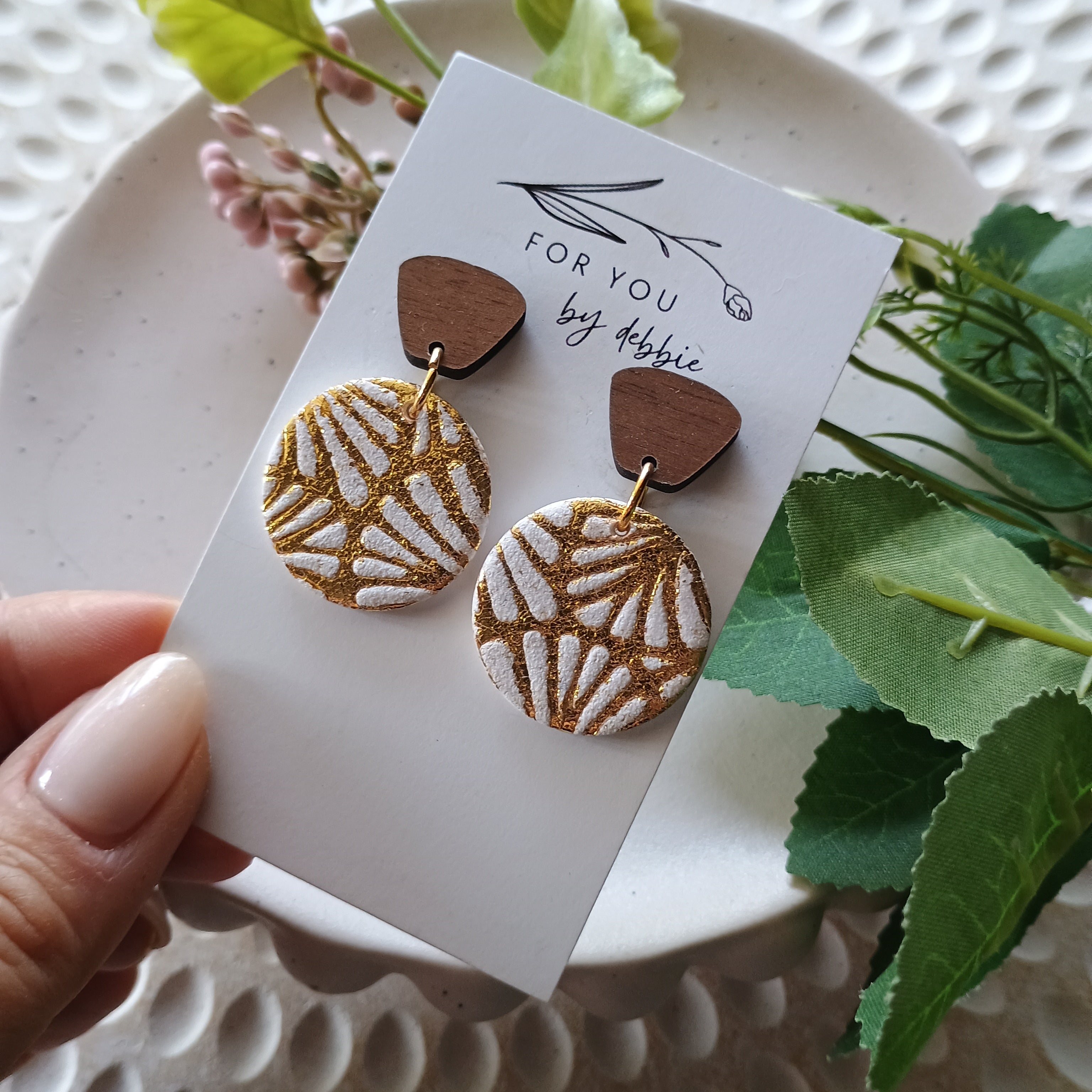 Bree polymer clay earring- gold foil, white and wood stud