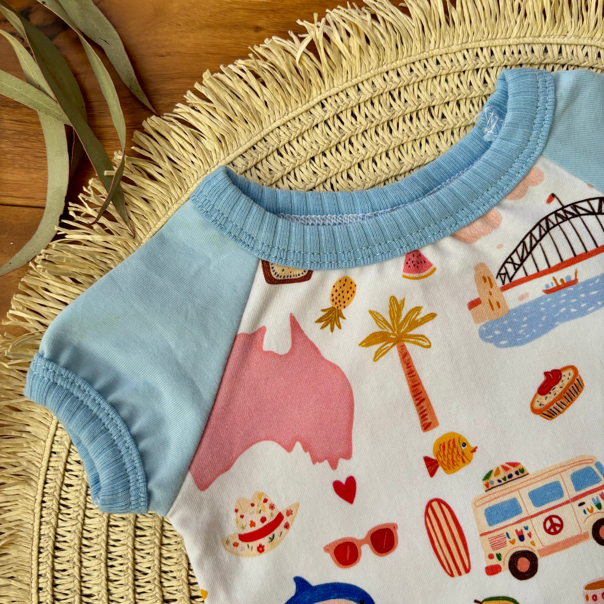 Baby Short Sleeved Bodysuit | Blue Aussie All Over | Size premmie to 2 | Made to order