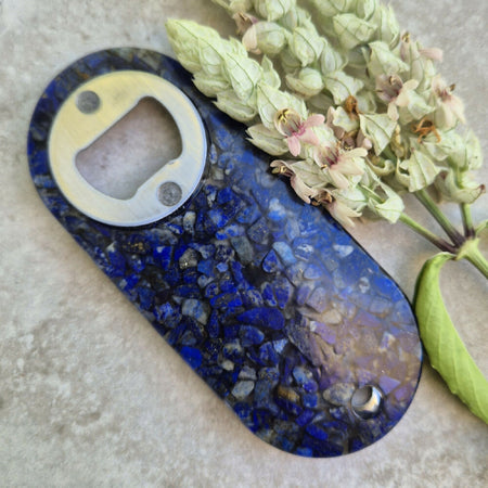 Resin bottle opener with inlaid semi-precious lapis lazuli