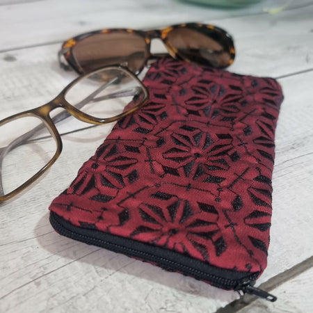 Upcycled double glasses pouch - embroidered black on burgundy