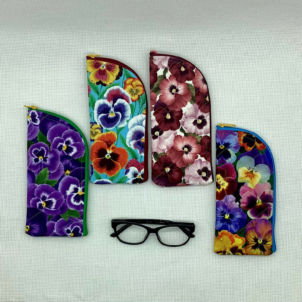 Pansies curved top zip pouch for glasses, phones, handbag organiser, etc.