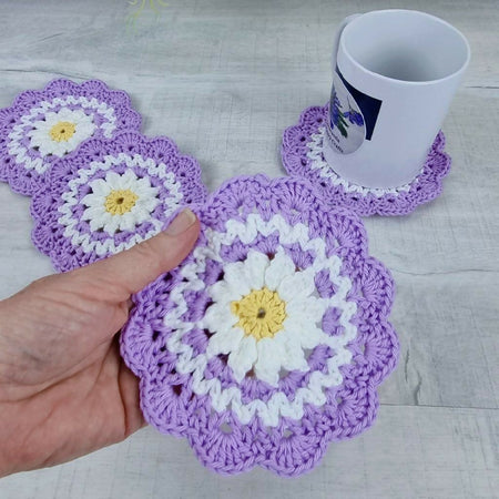 Handmade Crochet Cotton Coaster Daisy Gift Set of Two