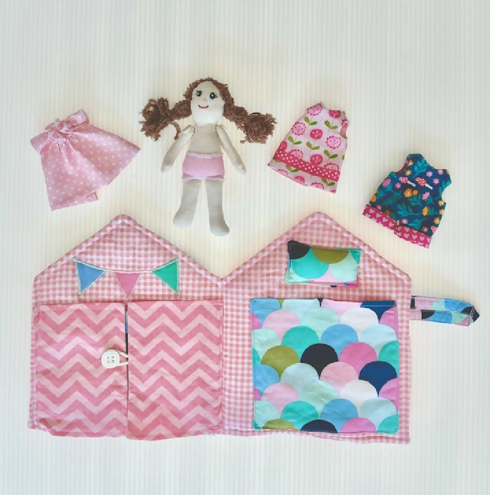 Lolly Pop Fabric Doll House with Doll and Clothing Wardrobe