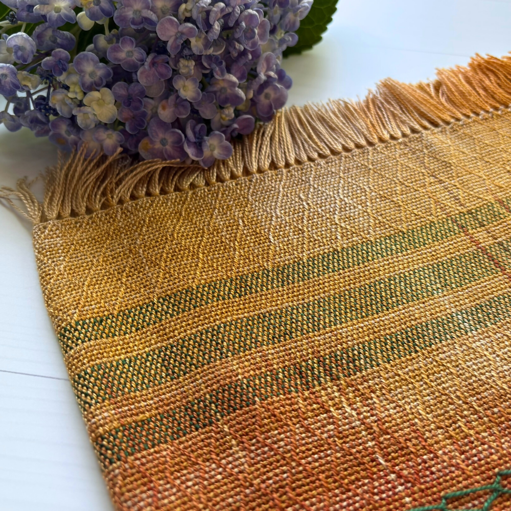 silk-cowl-gold-green-stitching-flat-closeup-handwoven-entangled-happiness-handwovens