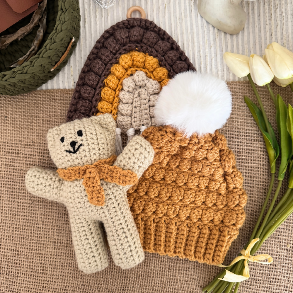 Handmade Earth Baby Gift Set – Bear, Beanie and Wall Hanging-Mustard