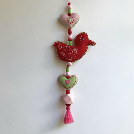 Wall hanging Boho felt bird decoration 36.5cm - Red - Green - Soft pink