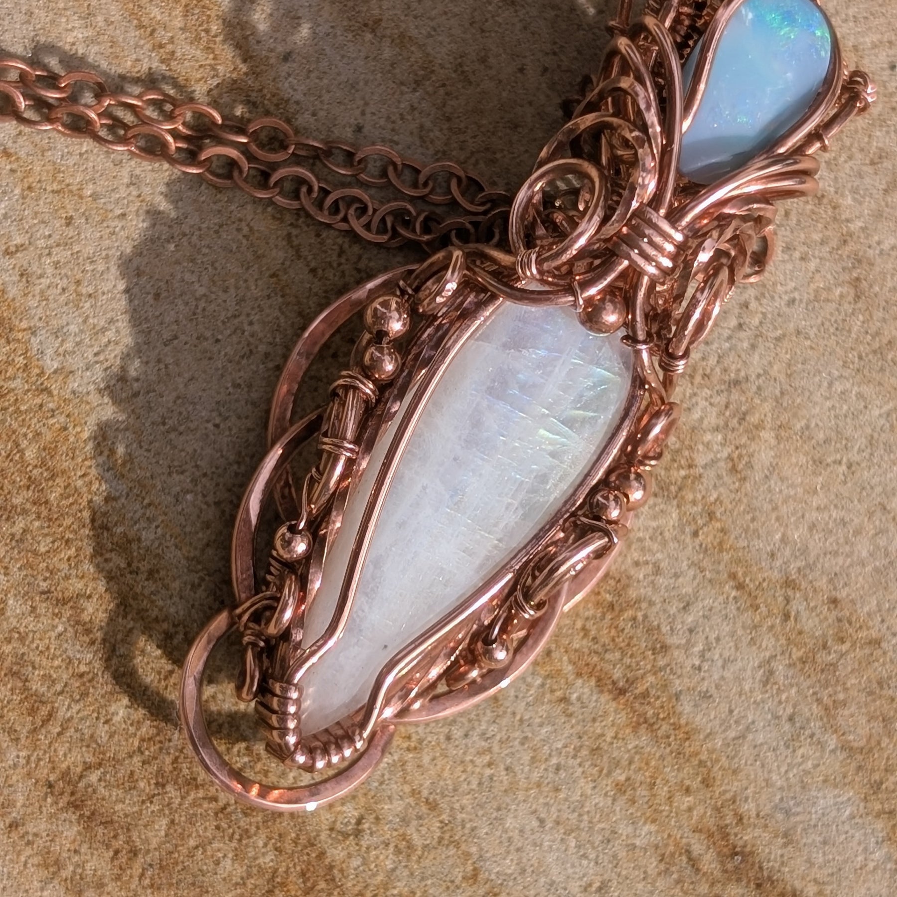 Theia - Rainbow Moonstone & Australian Boulder Opal Doublet Copper Pendant
