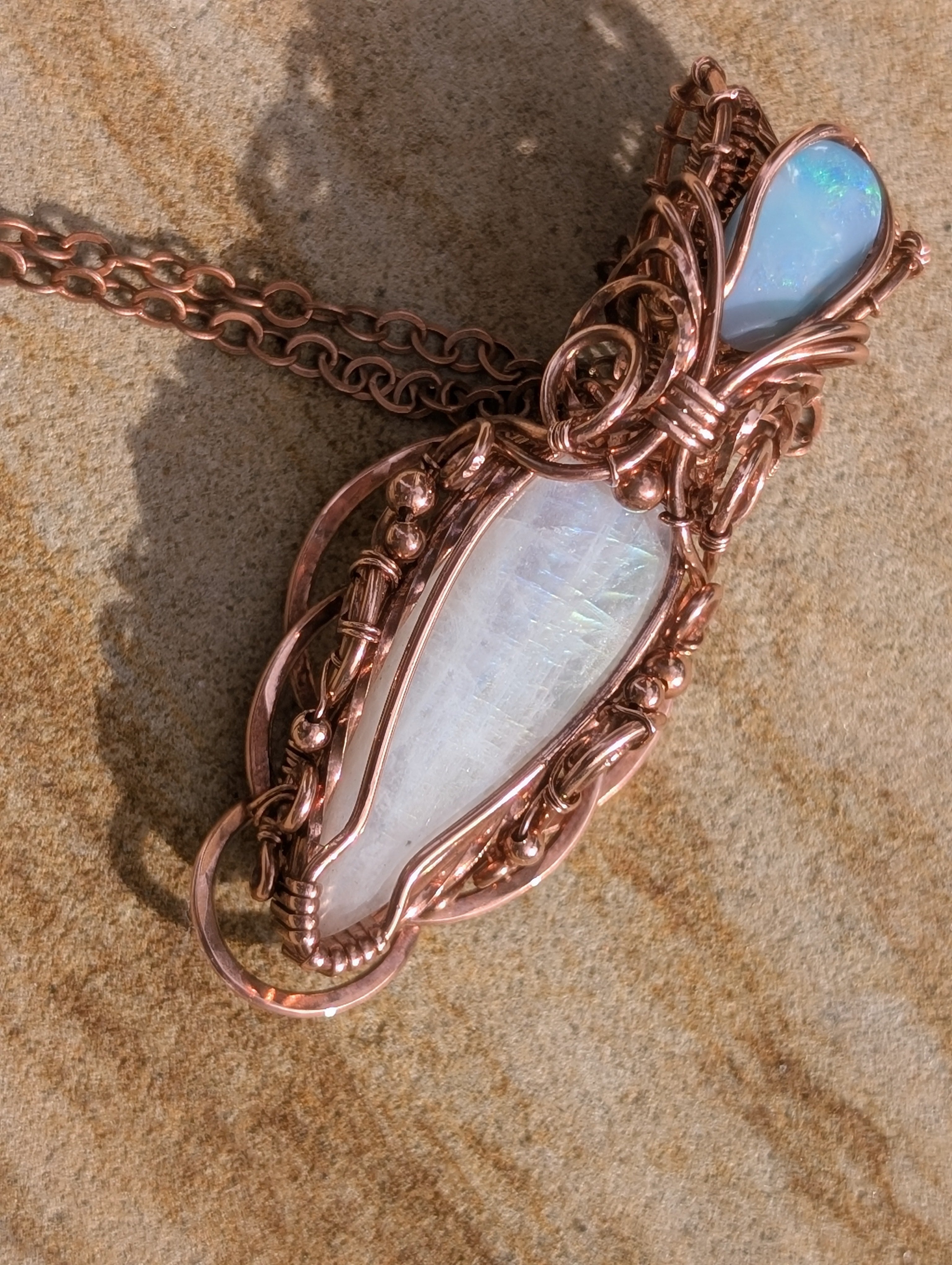 Theia - Rainbow Moonstone & Australian Boulder Opal Doublet Copper Pendant