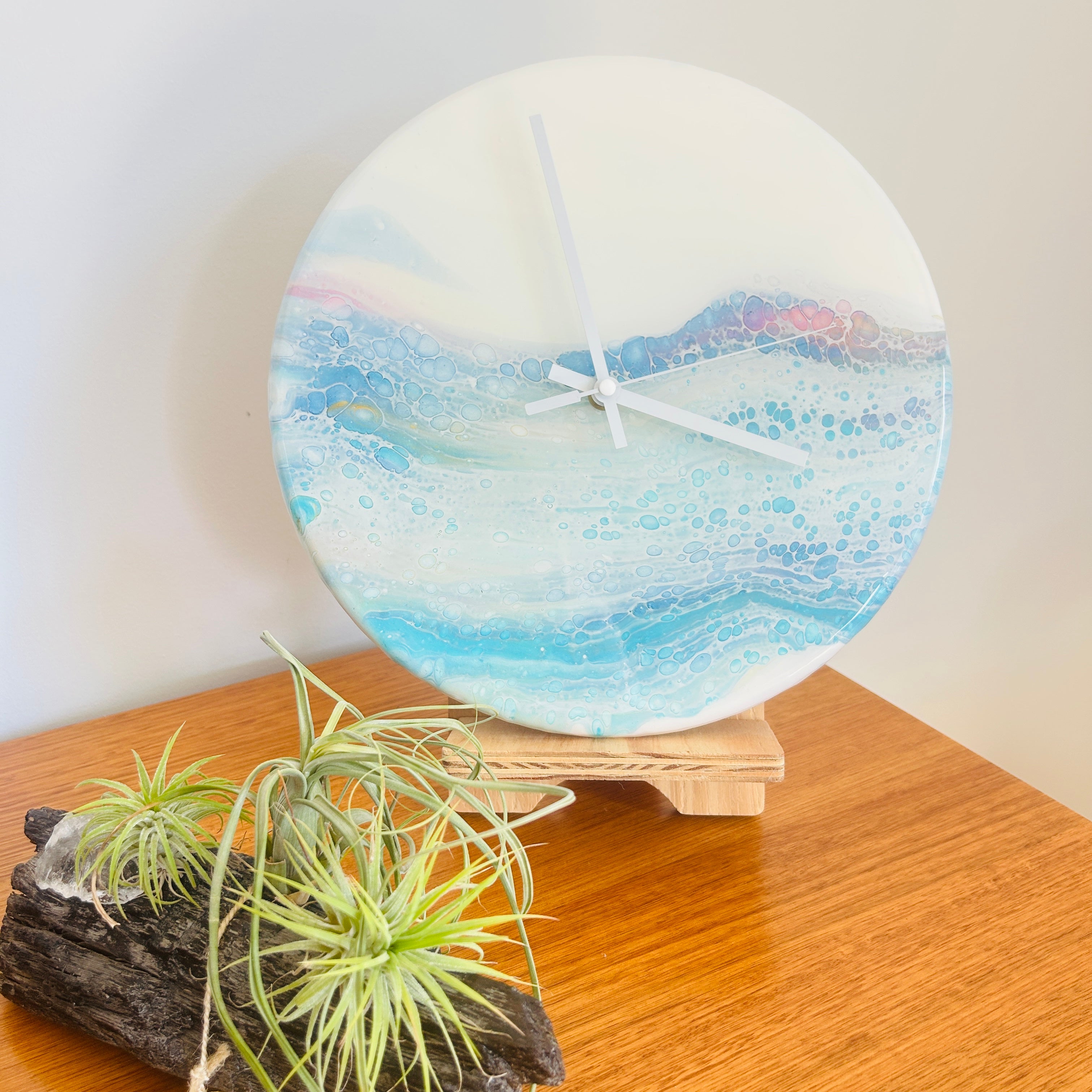 Timber Clock | 30cm Fluid Art/Resin |Blue - White
