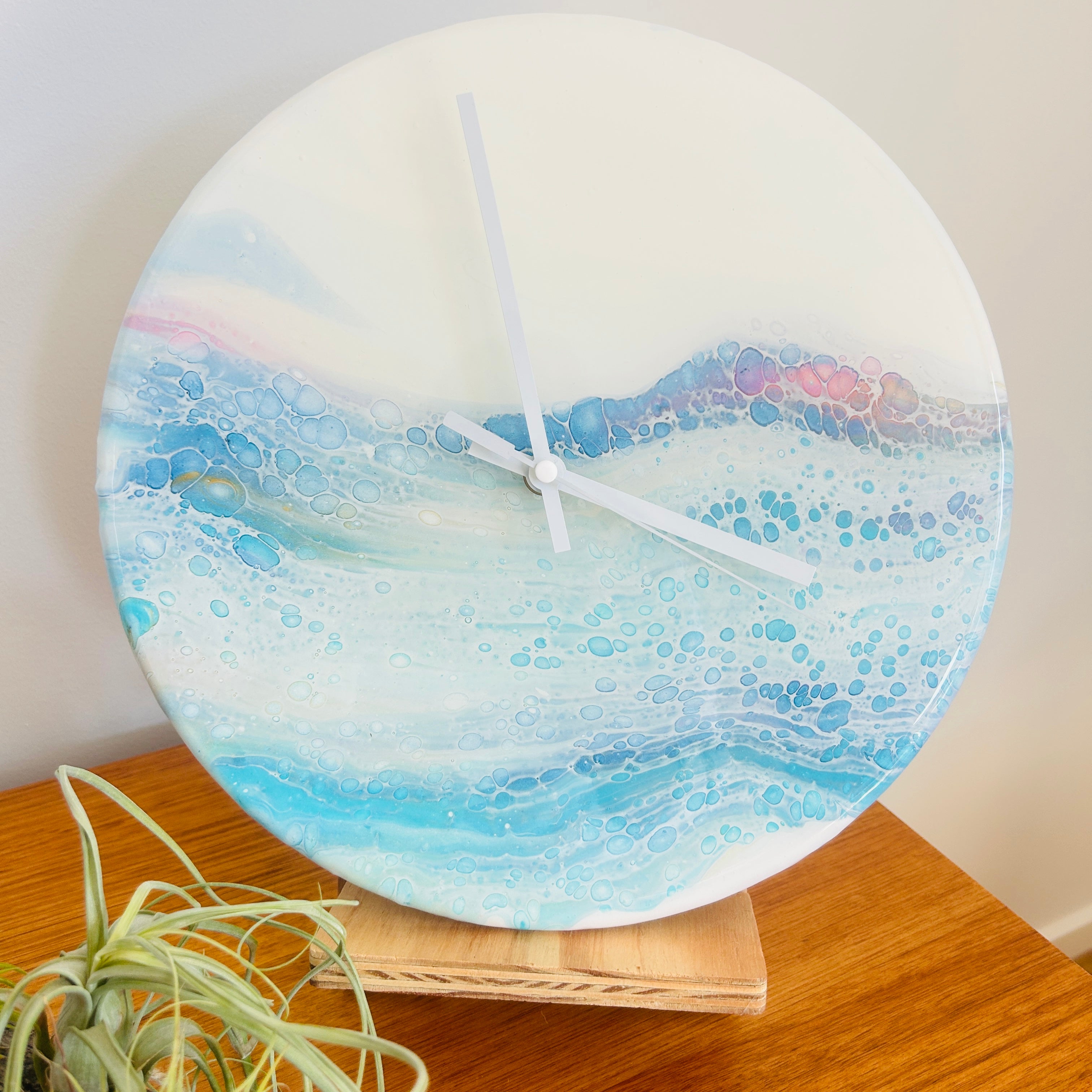 Timber Clock | 30cm Fluid Art/Resin |Blue - White
